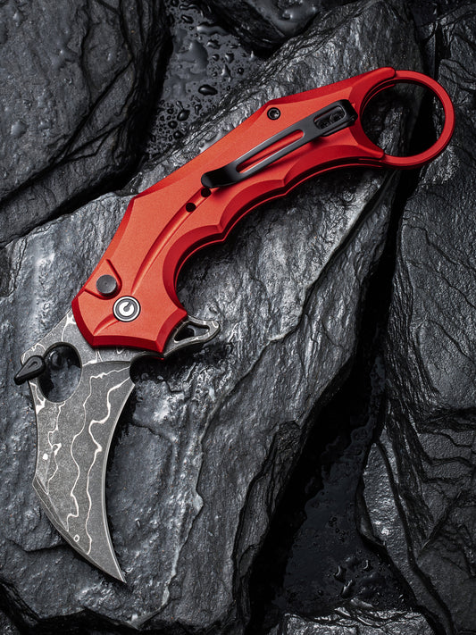Civivi incisor 2.02" Damascus Red Aluminium Karambit Folding Knife C16016B-DS1