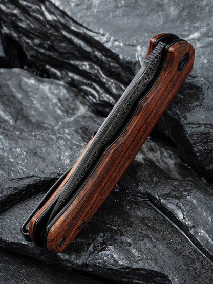 Civivi Mini Praxis 2.98" Black Damascus Guibourtia Wood Folding Knife C18026C-DS1