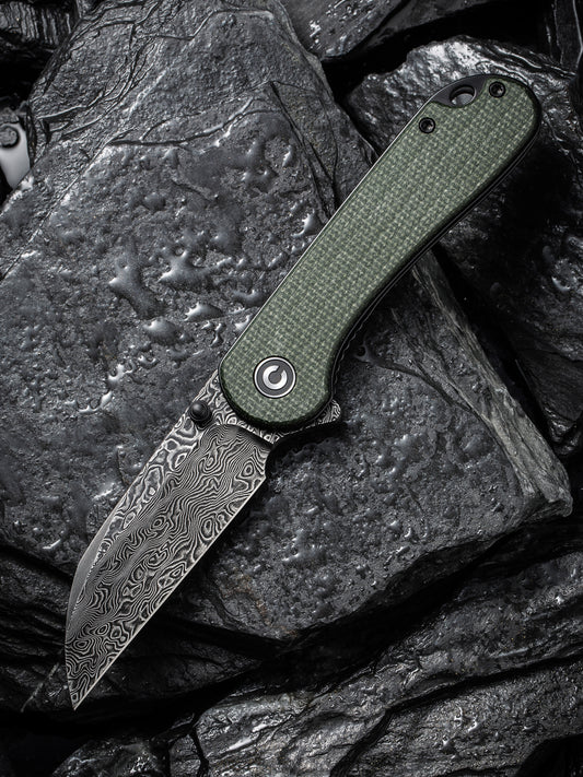 Civivi Elementum Wharncliffe 2.97" Black Damascus Green Canvas Micarta Folding Knife C18062AF-DS1