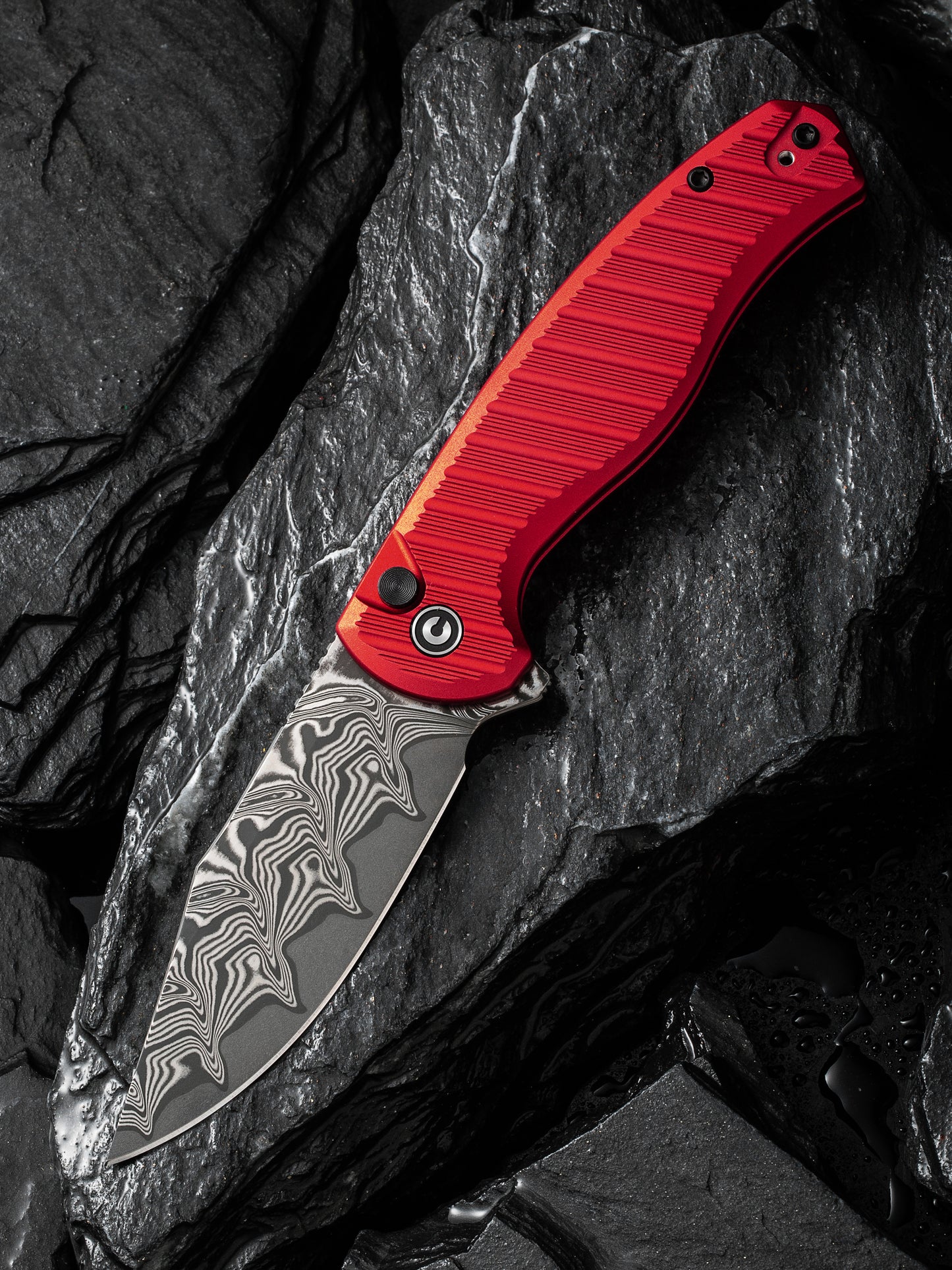 Civivi Stormhowl 3.3" Damascus Milled Red Aluminium Button Lock Folding Knife C23040B-DS1