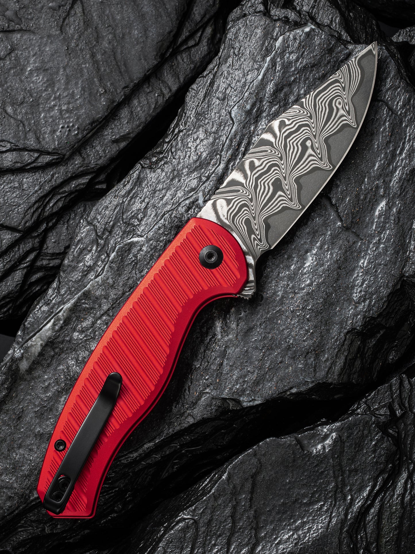 Civivi Stormhowl 3.3" Damascus Milled Red Aluminium Button Lock Folding Knife C23040B-DS1