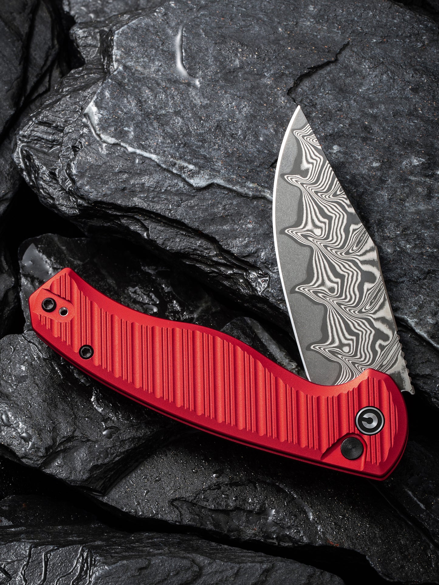 Civivi Stormhowl 3.3" Damascus Milled Red Aluminium Button Lock Folding Knife C23040B-DS1