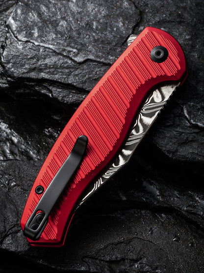 Civivi Stormhowl 3.3" Damascus Milled Red Aluminium Button Lock Folding Knife C23040B-DS1