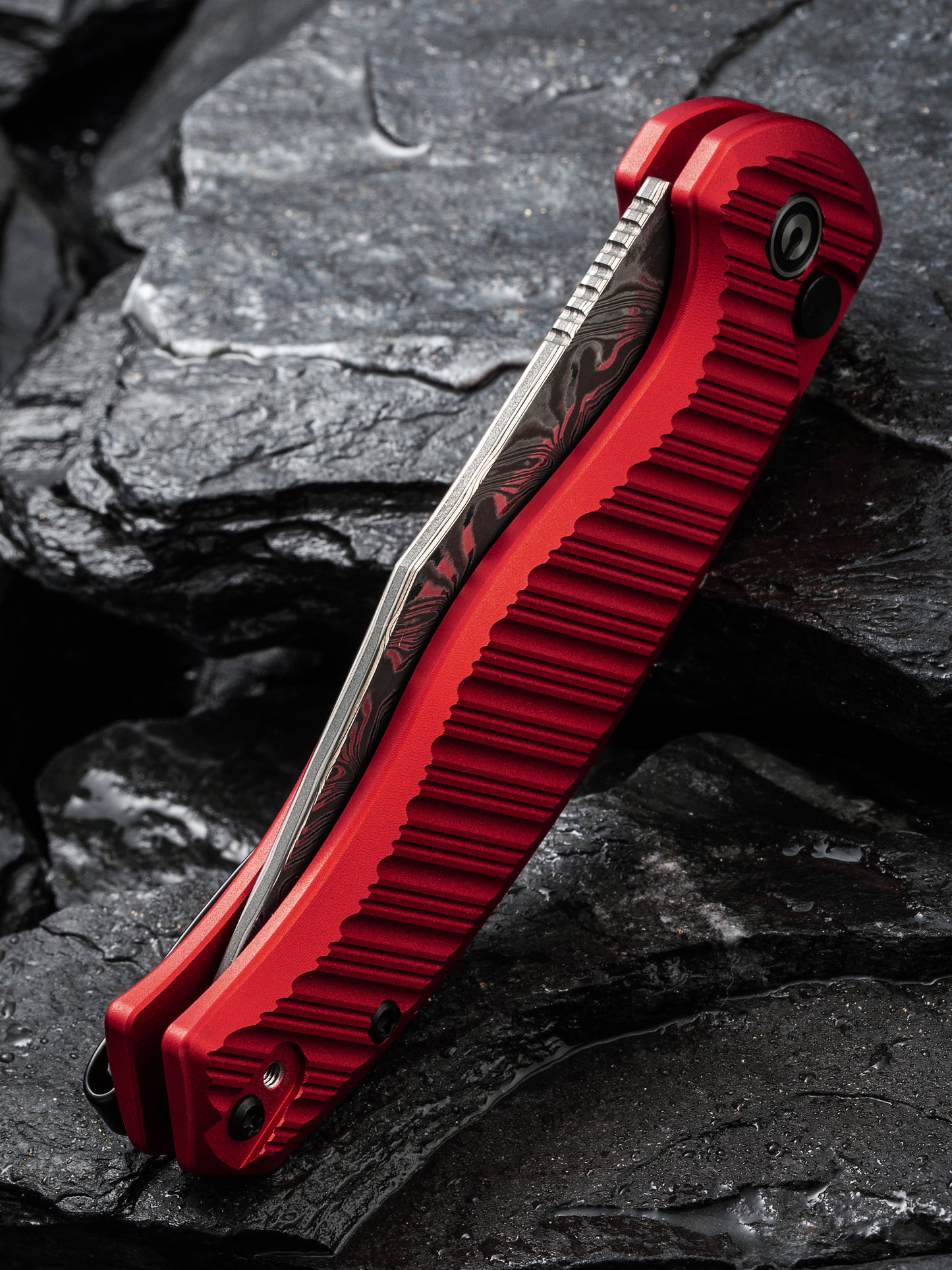 Civivi Stormhowl 3.3" Damascus Milled Red Aluminium Button Lock Folding Knife C23040B-DS1