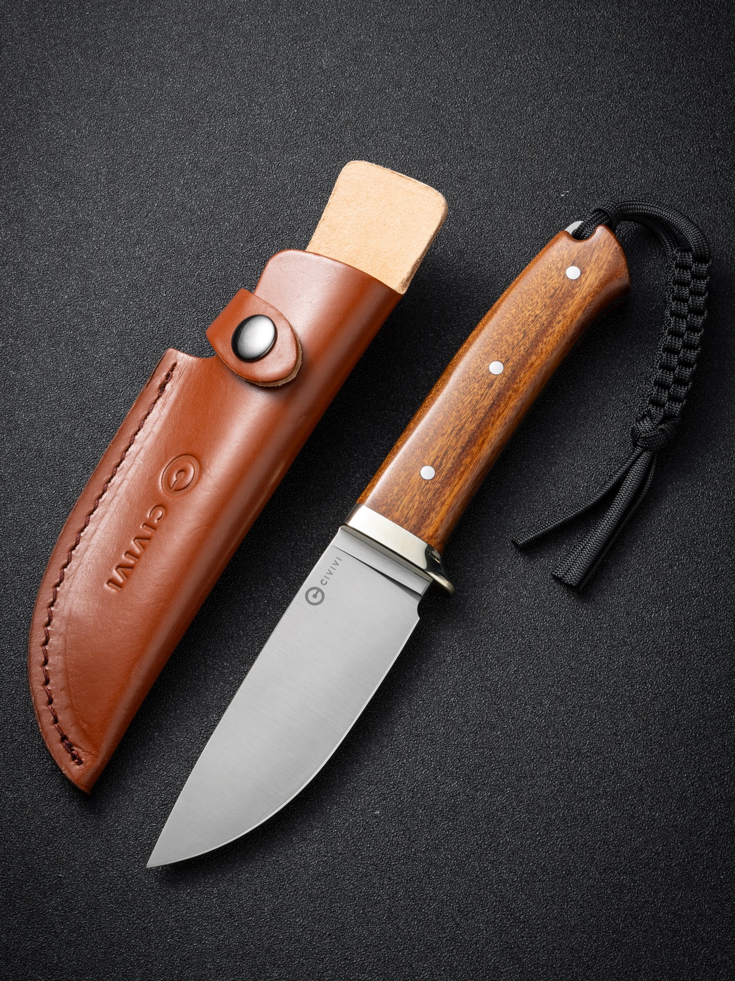 Civivi Cloud Peak 4.6" Nitro-V Guibourtia Wood Fixed Blade Knife with Leather Sheath C23044-3