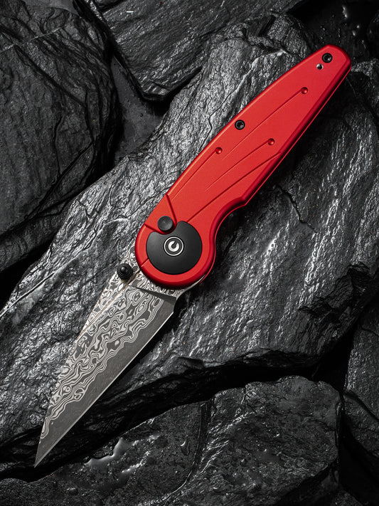 Civivi Starflare 3.3" Damascus Red Aluminium Wharncliffe Button Lock Folding Knife C23052-DS1