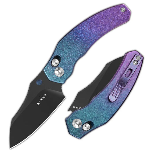 Kizer Mini Bulldog Clutch-Lock 2.51" S45VN DLC Purple/Blue Crystallised Titanium Folding Knife Ki3672SA1