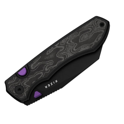 Kizer Wharning 3.4" S45VN Black/Purple Norplex UltreX Micarta Aluminium Button-Lock Folding Knife 3738A2