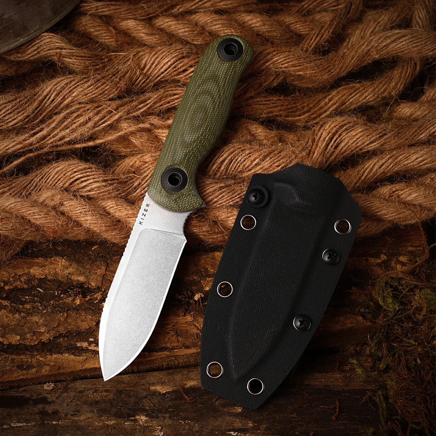 Kizer Drop Bear Fix 3 3.8" Sandvik 14C28N Green Micarta Fixed Blade Knife 1101A2