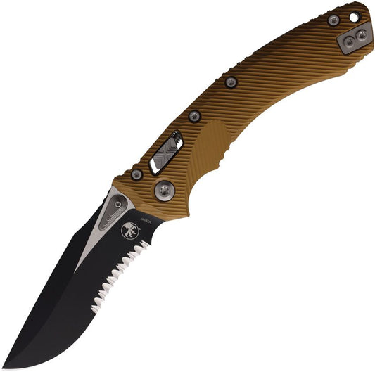 Microtech Amphibian Ram-Lok 3.9" M390MK Part-Serrated Two-Tone Tan Fluted Aluminium Folding Knife