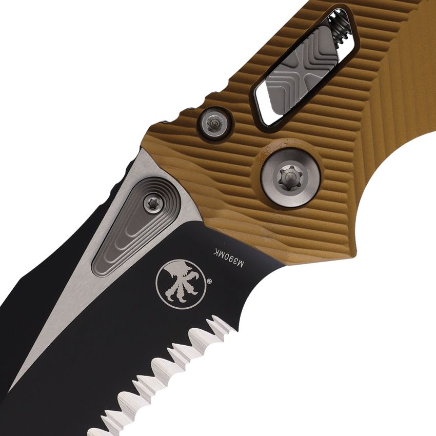 Microtech Amphibian Ram-Lok 3.9" M390MK Part-Serrated Two-Tone Tan Fluted Aluminium Folding Knife