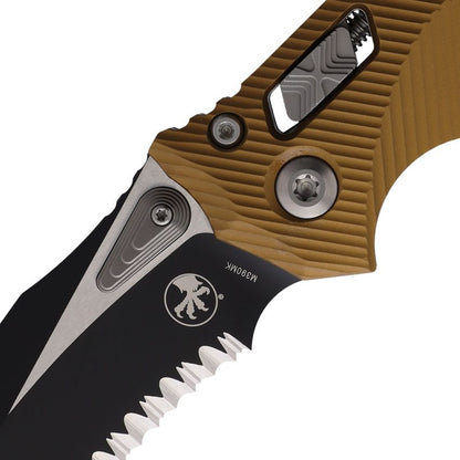 Microtech Amphibian Ram-Lok 3.9" M390MK Part-Serrated Two-Tone Tan Fluted Aluminium Folding Knife