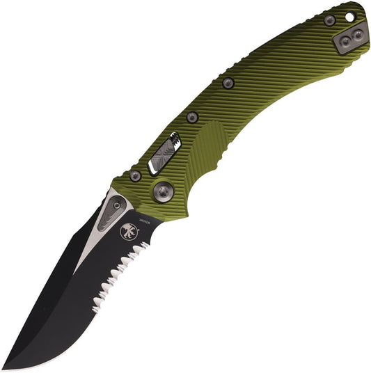 Microtech Amphibian Ram-Lok 3.9" M390MK Part-Serrated Two-Tone OD Green Fluted Aluminium Folding Knife