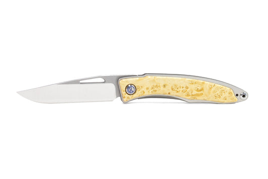 Chris Reeve Mnandi Box Elder Burl 2.74" S45VN Titanium Folding Knife with Leather Sheath MNA-1008