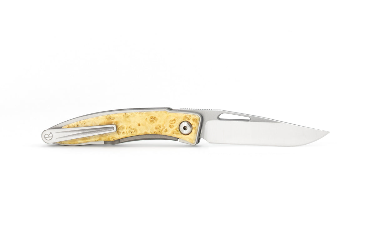Chris Reeve Mnandi Box Elder Burl 2.74" S45VN Titanium Folding Knife with Leather Sheath MNA-1008