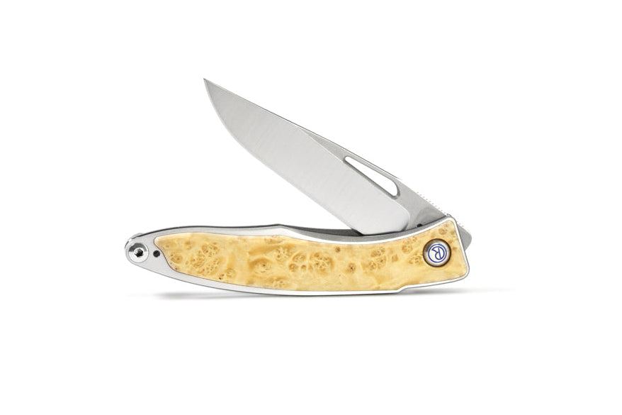 Chris Reeve Mnandi Box Elder Burl 2.74" CPM Magnacut Titanium Folding Knife with Leather Sheath MNA-1008