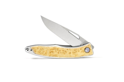 Chris Reeve Mnandi Box Elder Burl 2.74" CPM Magnacut Titanium Folding Knife with Leather Sheath MNA-1008