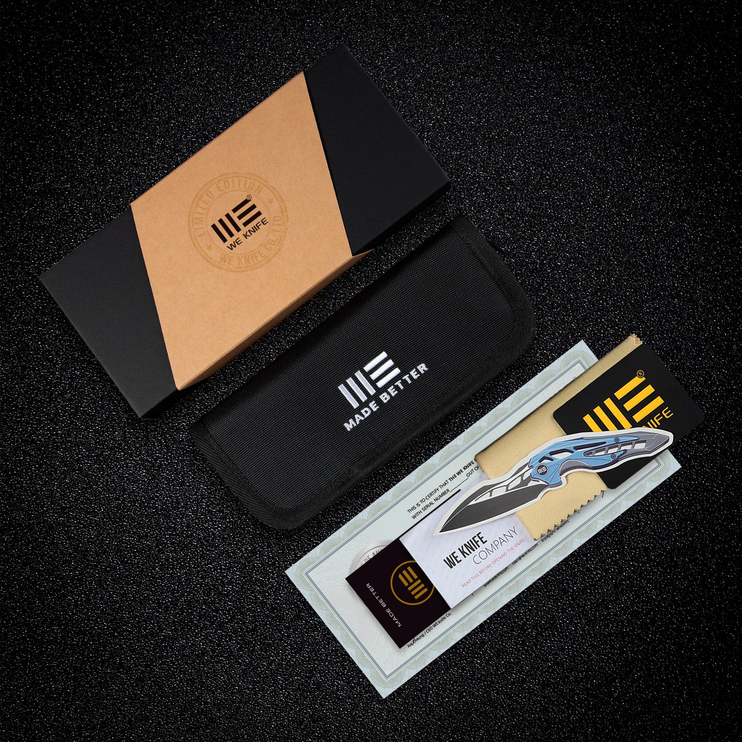 WE Kitefin Button Lock Limited Edition 3.22" CPM 20CV Golden Ripple Black Titanium Folding Knife WE19002M-1