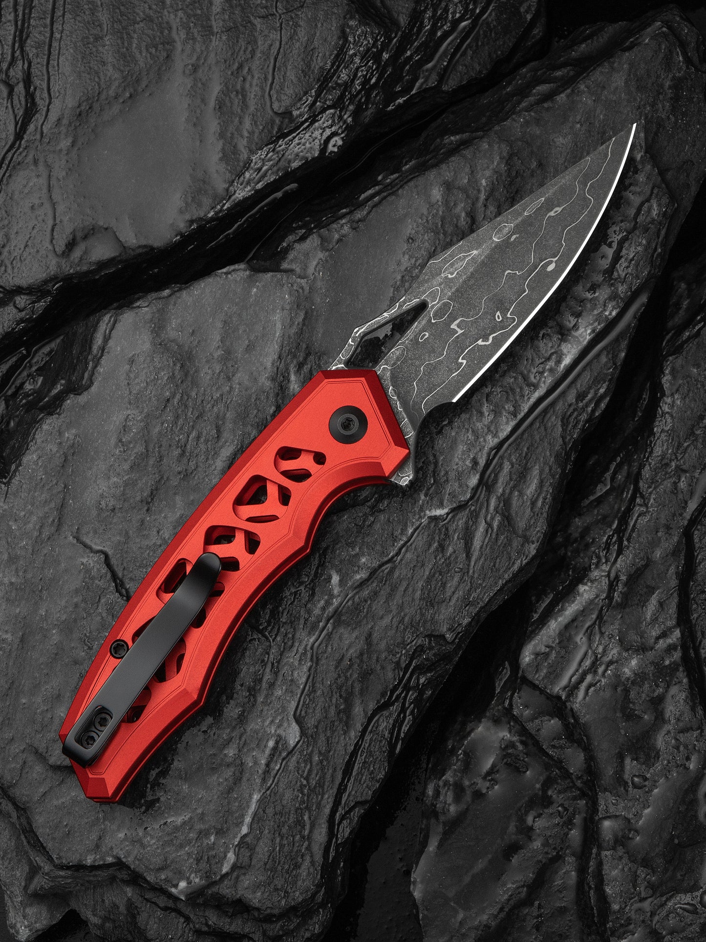 Civivi Anaaki 2.98" Damascus Red Aluminium Button Lock Folding Knife C24039-DS1