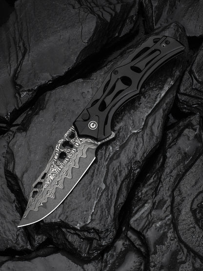 Civivi Biophase 3.48" Damascus Black Aluminium Button Lock Folding Knife C23083-DS1