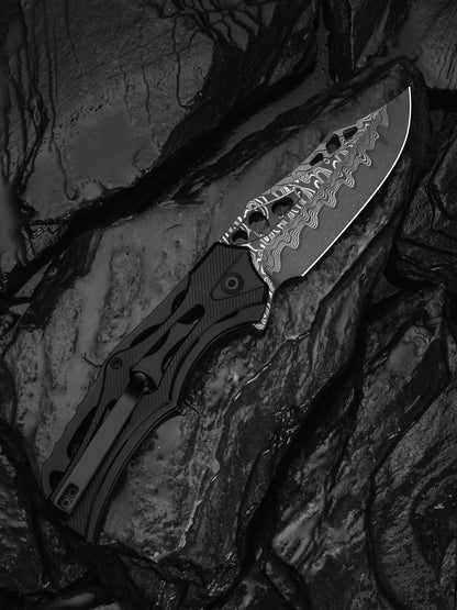 Civivi Biophase 3.48" Damascus Black Aluminium Button Lock Folding Knife C23083-DS1