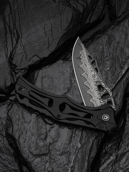 Civivi Biophase 3.48" Damascus Black Aluminium Button Lock Folding Knife C23083-DS1
