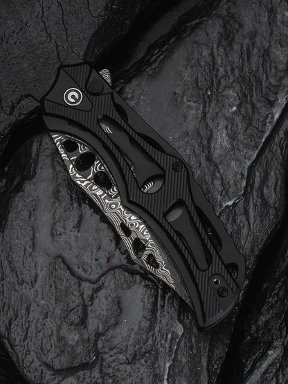 Civivi Biophase 3.48" Damascus Black Aluminium Button Lock Folding Knife C23083-DS1