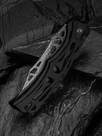Civivi Biophase 3.48" Damascus Black Aluminium Button Lock Folding Knife C23083-DS1