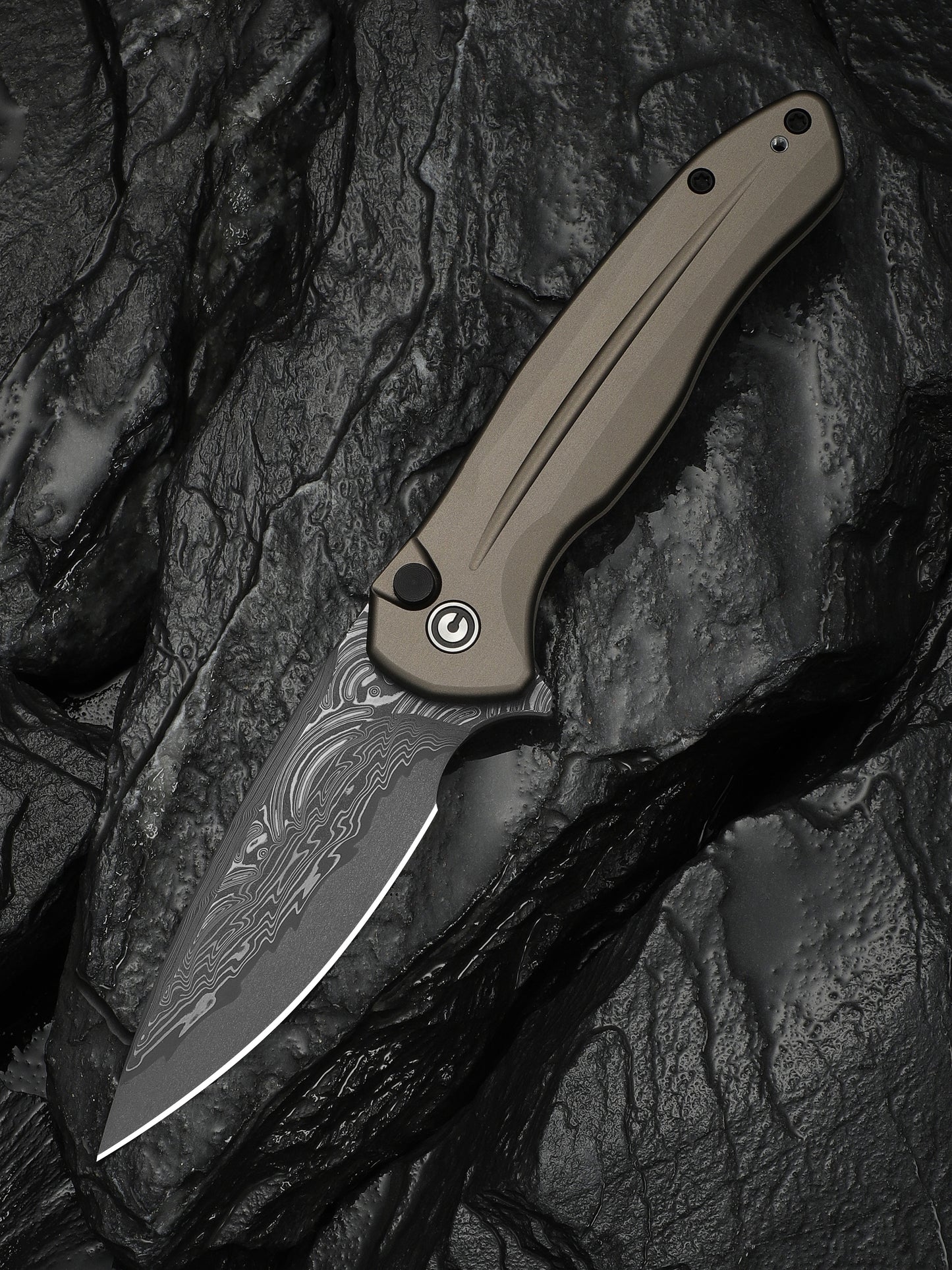 Civivi Kitefin Button Lock 3.22" Damascus Brownish Gray Aluminium Folding Knife C24091-DS1