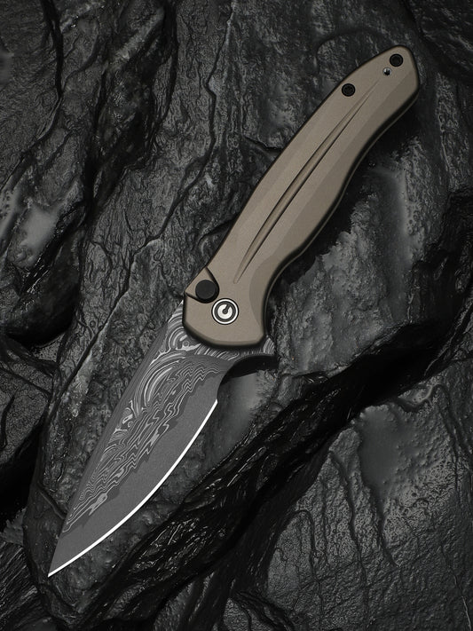 Civivi Kitefin Button Lock 3.22" Damascus Brownish Gray Aluminium Folding Knife C24091-DS1
