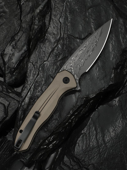 Civivi Kitefin Button Lock 3.22" Damascus Brownish Gray Aluminium Folding Knife C24091-DS1