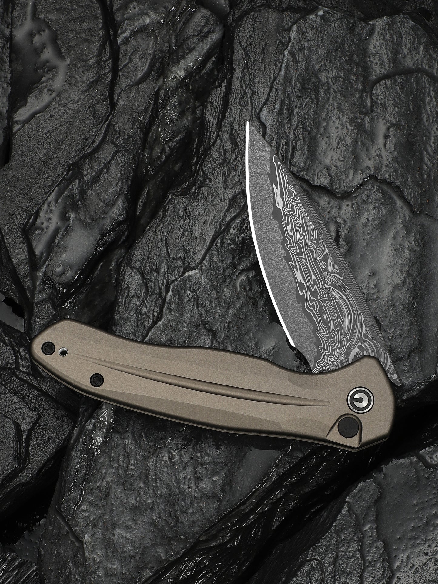 Civivi Kitefin Button Lock 3.22" Damascus Brownish Gray Aluminium Folding Knife C24091-DS1