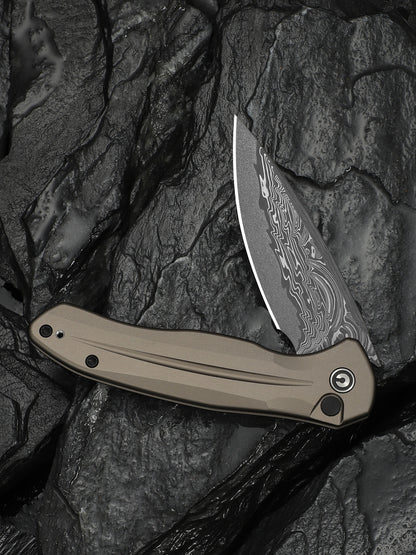 Civivi Kitefin Button Lock 3.22" Damascus Brownish Gray Aluminium Folding Knife C24091-DS1