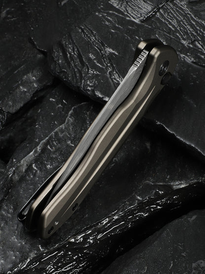 Civivi Kitefin Button Lock 3.22" Damascus Brownish Gray Aluminium Folding Knife C24091-DS1