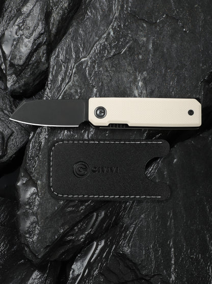 Civivi Kukei 2.02" Nitro-V Black/Ivory G10 Folding Knife with Leather Sheath C25036-3