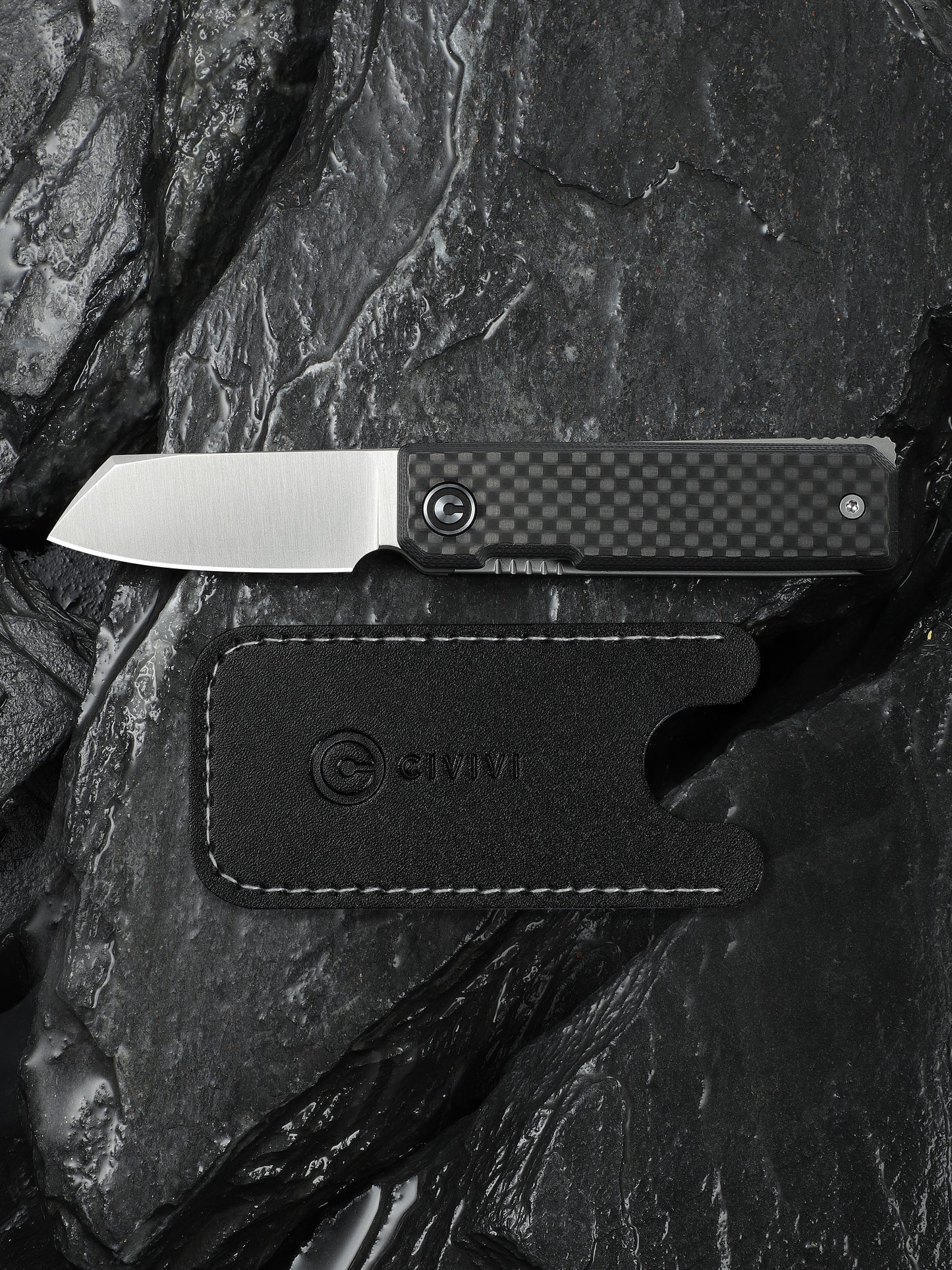 Civivi Kukei 2.02" Nitro-V Twill Carbon Fiber G10 Folding Knife with Leather Sheath C25036-4