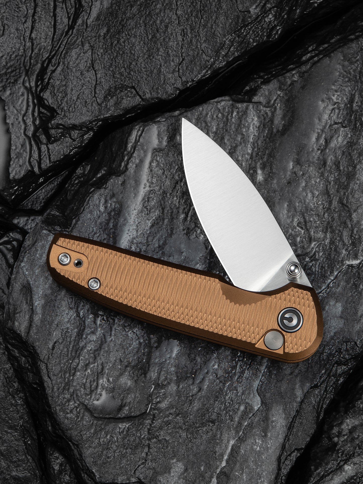 Civivi Mini Shakan 2.48" Nitro-V Ripple Coyote Brown Aluminum Button Lock Folding Knife C20052F-3