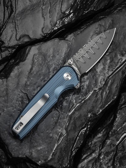 Civivi Mini Shakan 2.48" Aluminum Ripple Blue Aluminum Button Lock Folding Knife C20052F-DS1