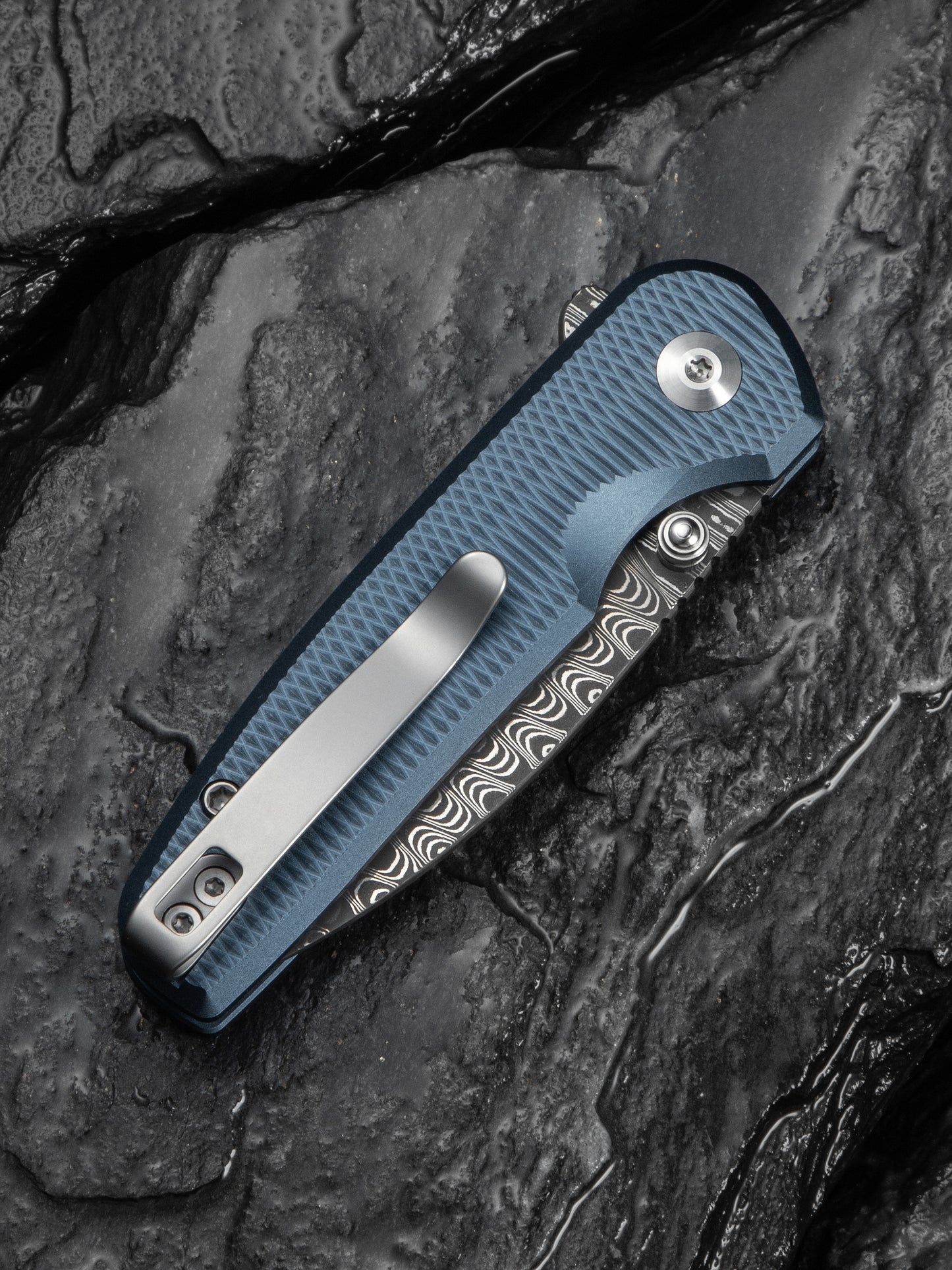 Civivi Mini Shakan 2.48" Aluminum Ripple Blue Aluminum Button Lock Folding Knife C20052F-DS1