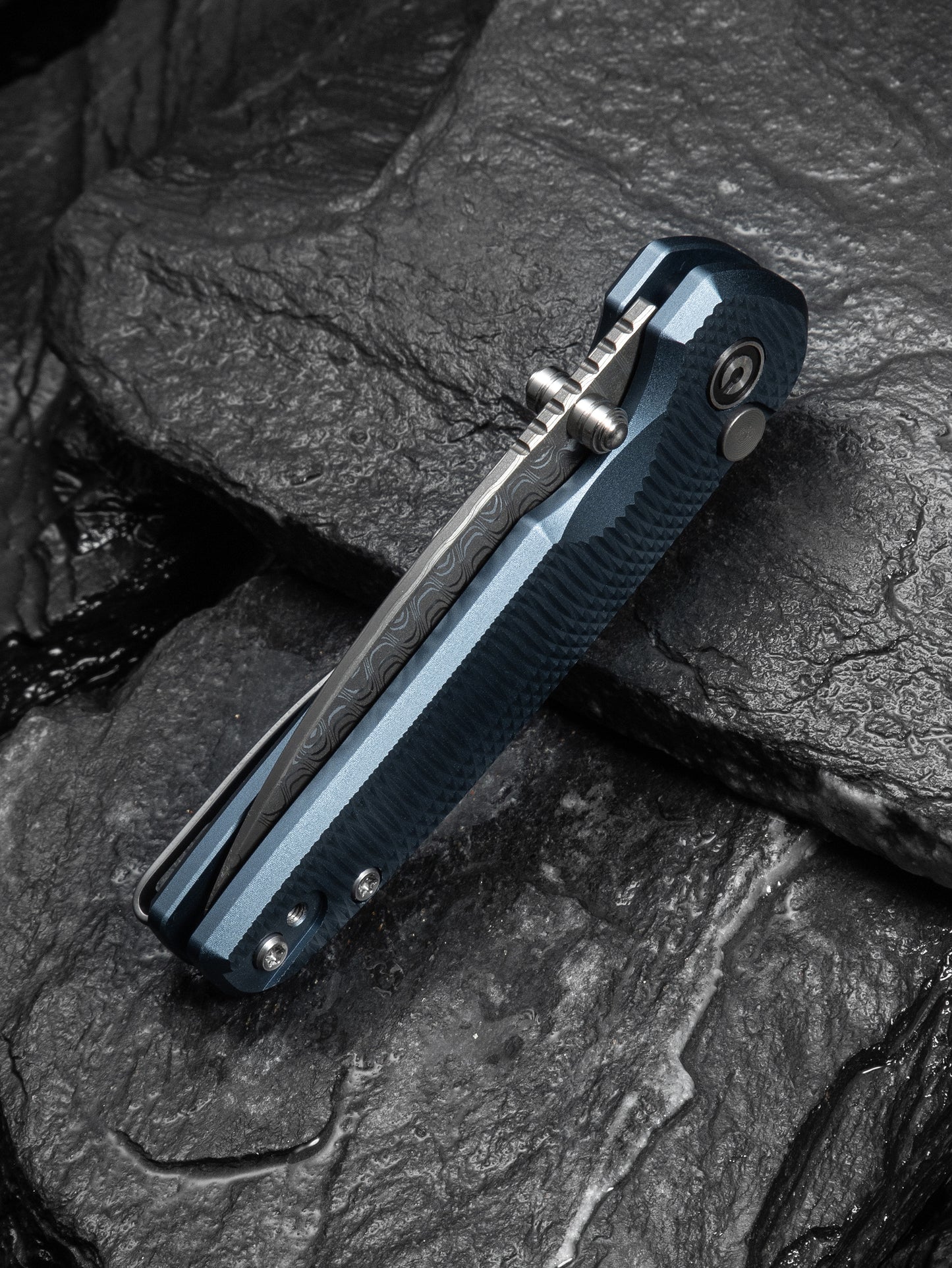 Civivi Mini Shakan 2.48" Aluminum Ripple Blue Aluminum Button Lock Folding Knife C20052F-DS1