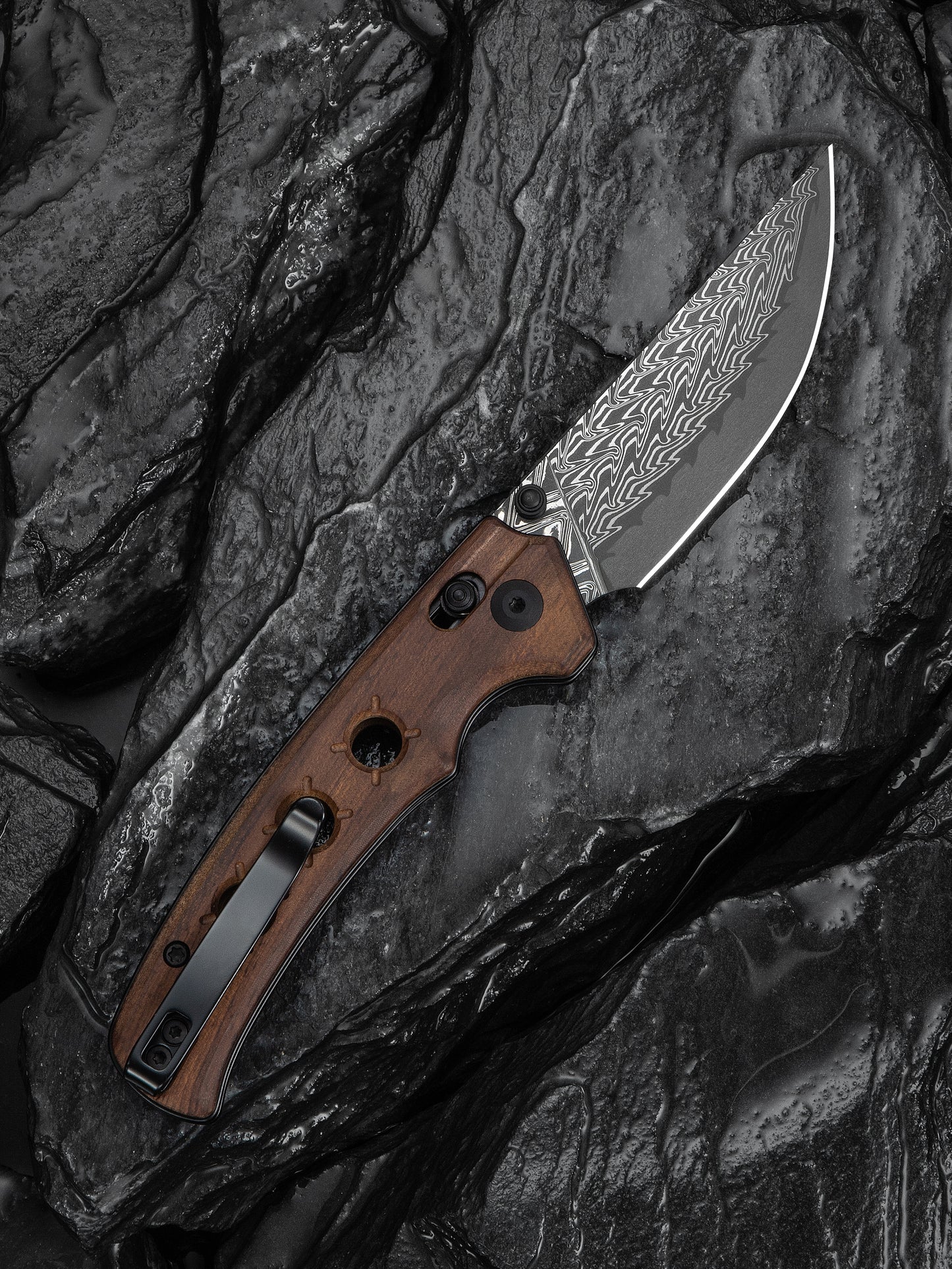 Civivi Noctis 2.98" Damascus Guibourtia Wood Crossbar Lock Folding Knife C24020C-DS1