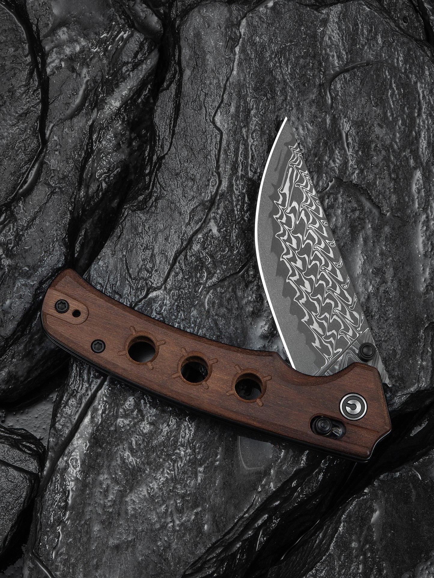 Civivi Noctis 2.98" Damascus Guibourtia Wood Crossbar Lock Folding Knife C24020C-DS1