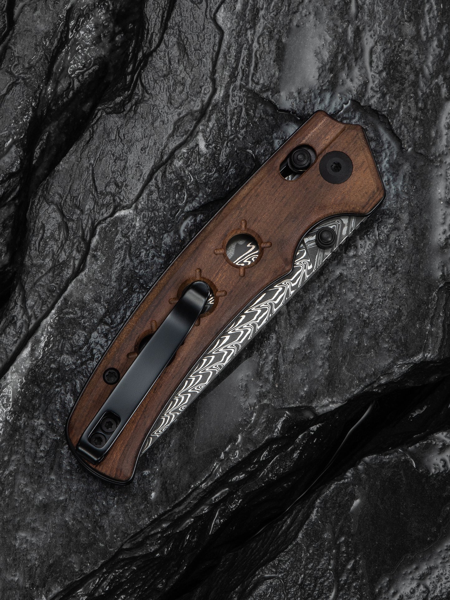 Civivi Noctis 2.98" Damascus Guibourtia Wood Crossbar Lock Folding Knife C24020C-DS1