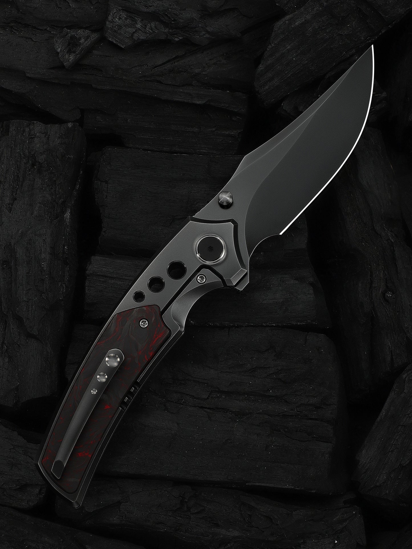 WE Skynix 3.7" M390 Polished Gray Titanium Red Carbon Fiber Folding Knife WE24087-4