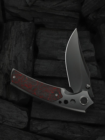 WE Skynix 3.7" M390 Polished Gray Titanium Red Carbon Fiber Folding Knife WE24087-4