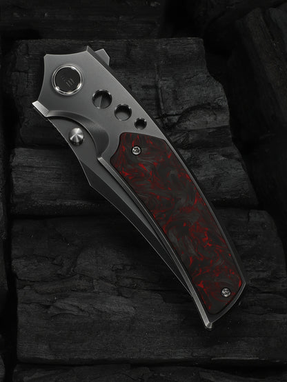 WE Skynix 3.7" M390 Polished Gray Titanium Red Carbon Fiber Folding Knife WE24087-4
