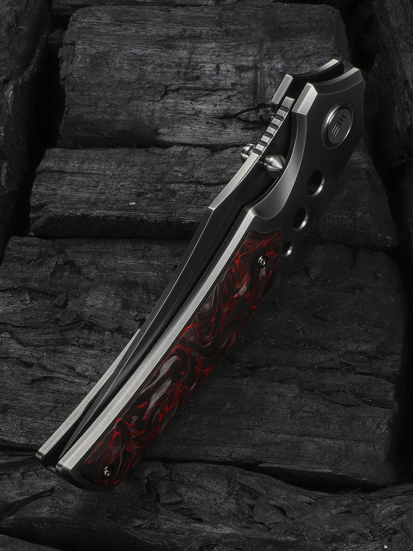 WE Skynix 3.7" M390 Polished Gray Titanium Red Carbon Fiber Folding Knife WE24087-4