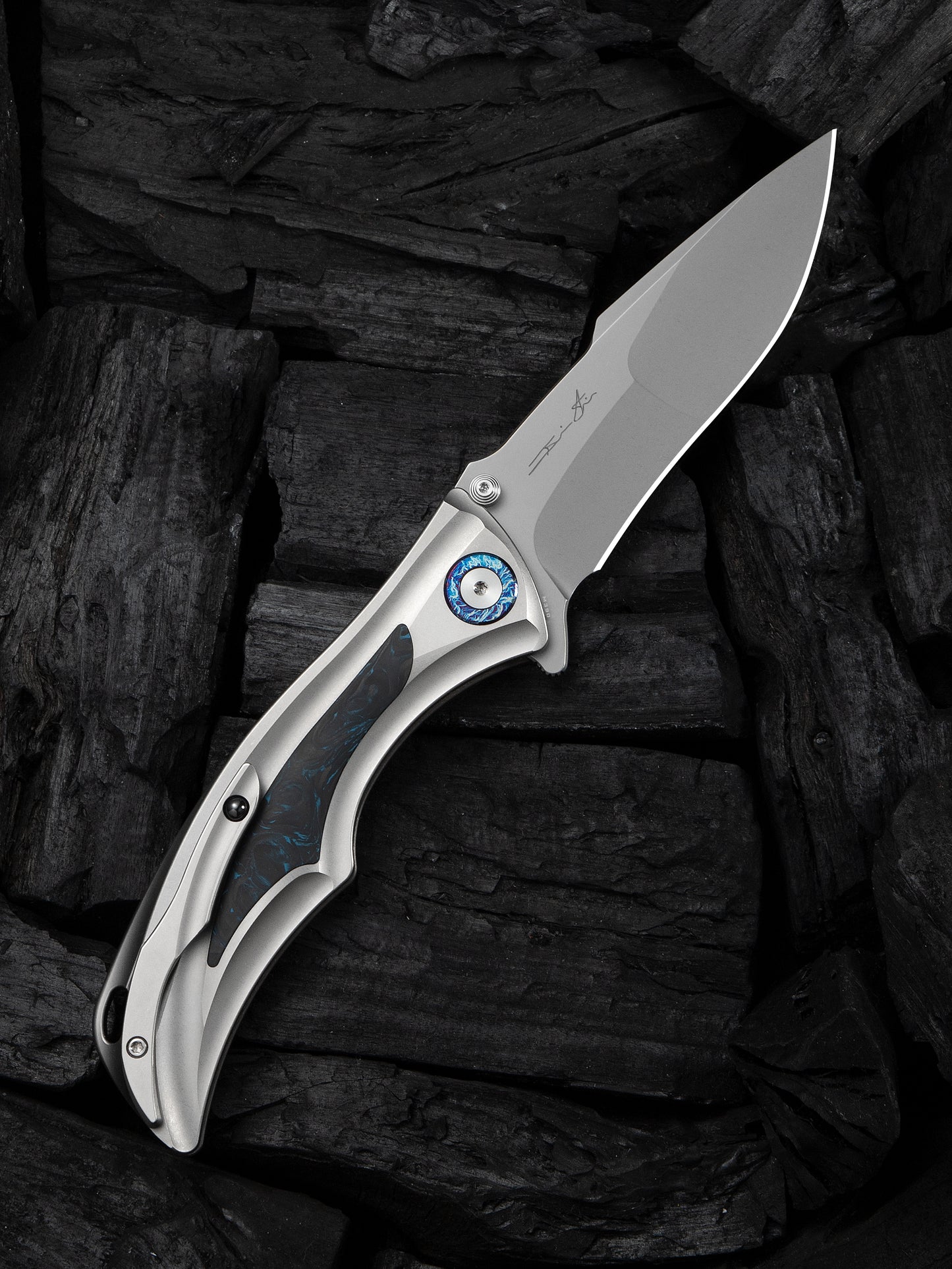 WE Tighe Down 4" Bohler M390 Titanium Black/Blue Carbon Fiber Folding Knife WE24054-1