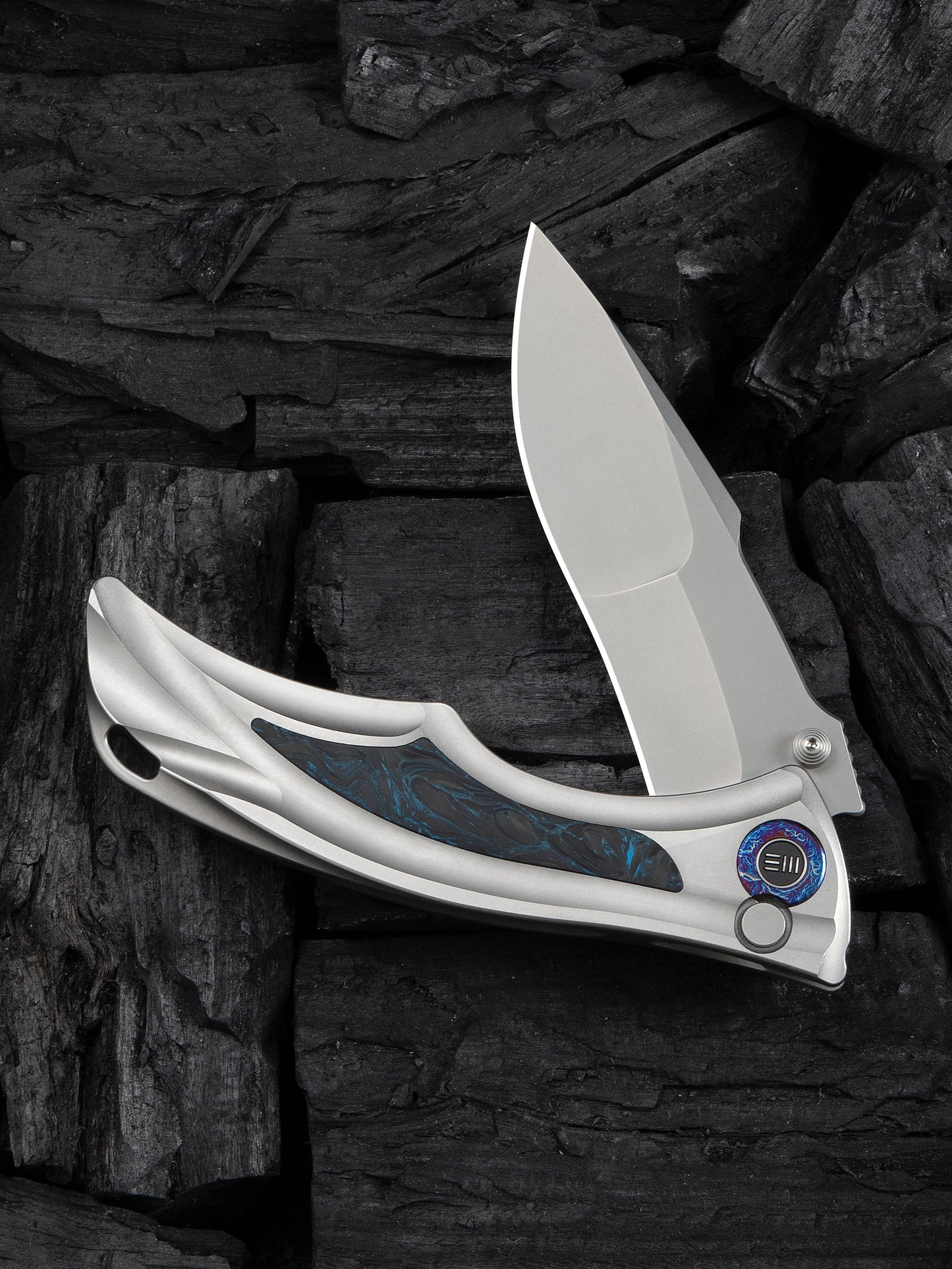 WE Tighe Down 4" Bohler M390 Titanium Black/Blue Carbon Fiber Folding Knife WE24054-1