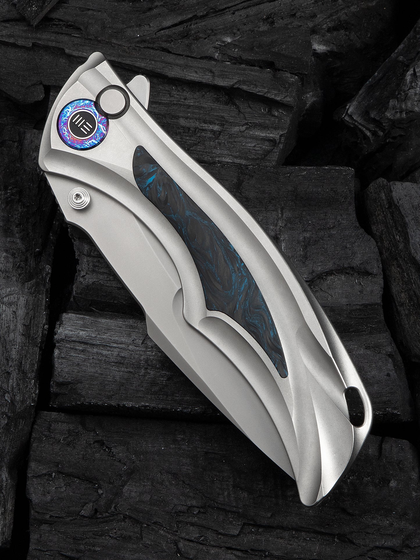 WE Tighe Down 4" Bohler M390 Titanium Black/Blue Carbon Fiber Folding Knife WE24054-1